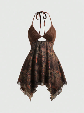 Women's brown floral boho mini cami dress with spaghetti straps, contrast lace detail, slim fit, high waist, and asymmetrical hem.