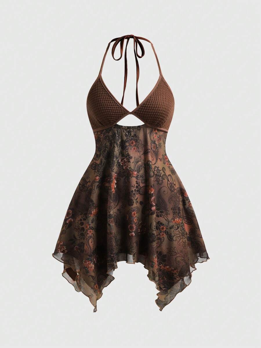 Women's brown floral boho mini cami dress with spaghetti straps, contrast lace detail, slim fit, high waist, and asymmetrical hem.