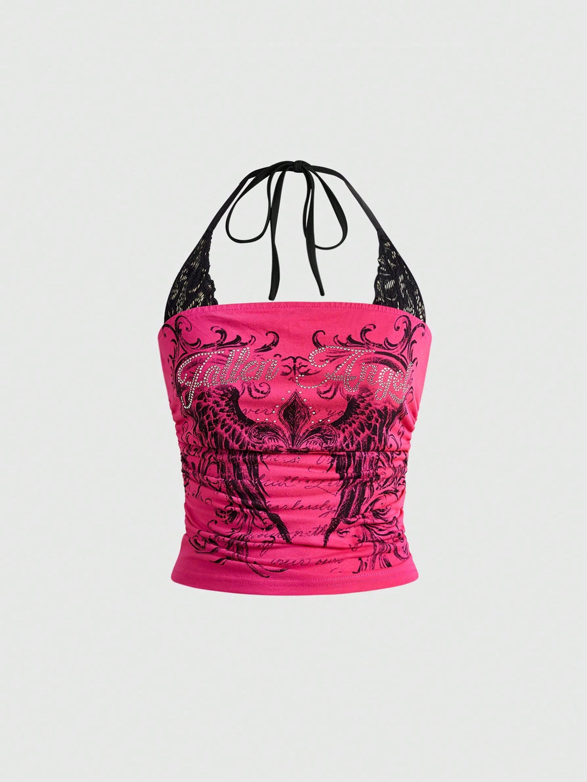 Women's Y2K Punk Print Contrast Lace Halter Cami Top
