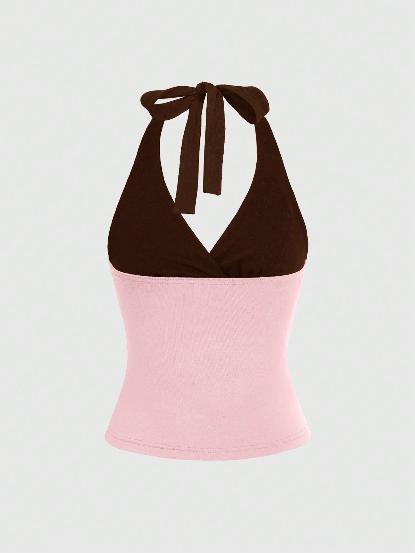 Women's black and white halter neck tank top with ladybug and daisy decor, geometric pattern, ruched front, knot detail, and backless design.