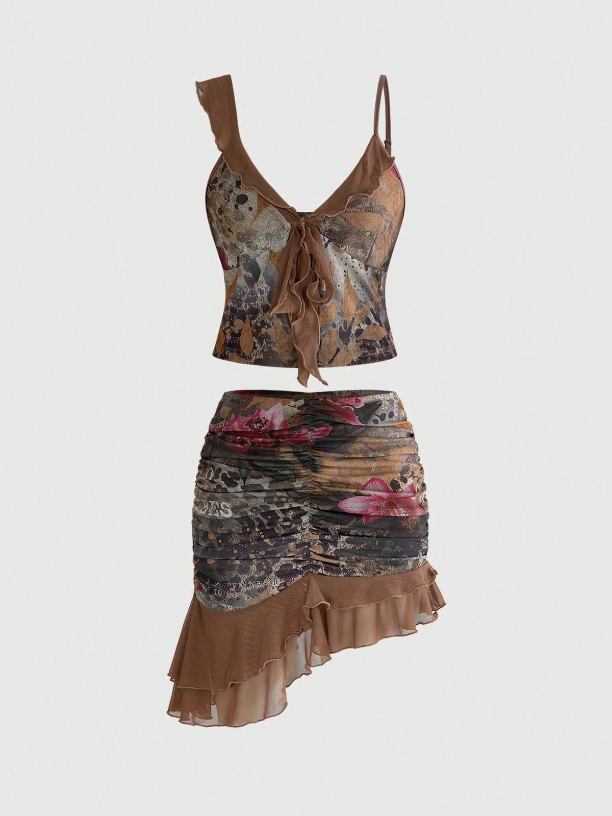 Women's brown two-piece set featuring a ruched camisole top with ruffle hem and asymmetrical neck alongside a plant print mini skirt.