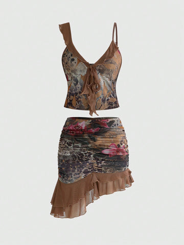 Women's brown two-piece set featuring a ruched camisole top with ruffle hem and asymmetrical neck alongside a plant print mini skirt.