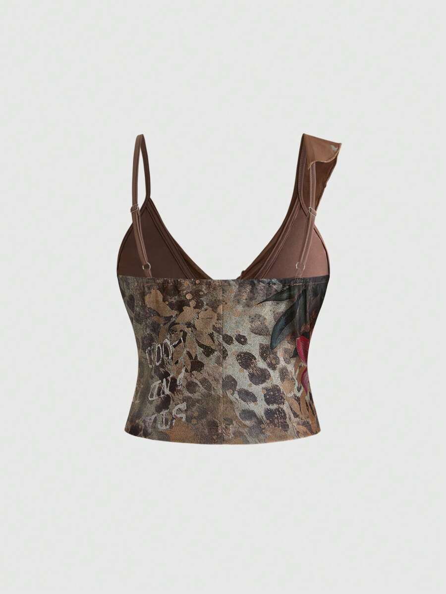 Women's brown two-piece set featuring a ruched camisole top with ruffle hem and asymmetrical neck alongside a plant print mini skirt.