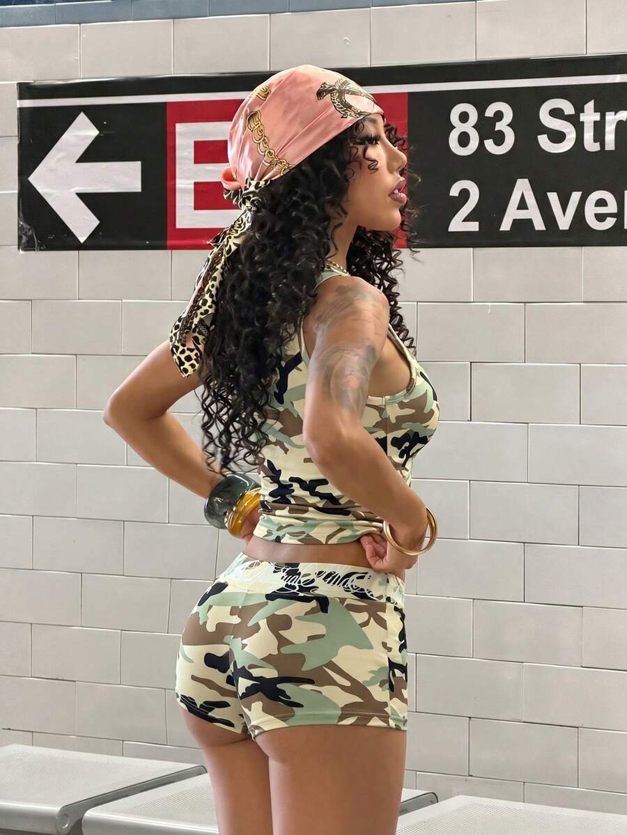 Women's Halloween print two-piece outfit with scoop neck camisole top and matching short biker track shorts in a slim fit