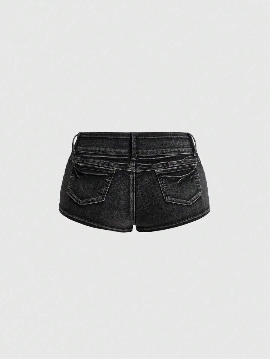 Front view of women's ultra low waist denim mini shorts with double metal button accents and zipper fly