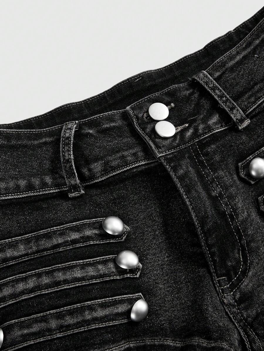 Front view of women's ultra low waist denim mini shorts with double metal button accents and zipper fly