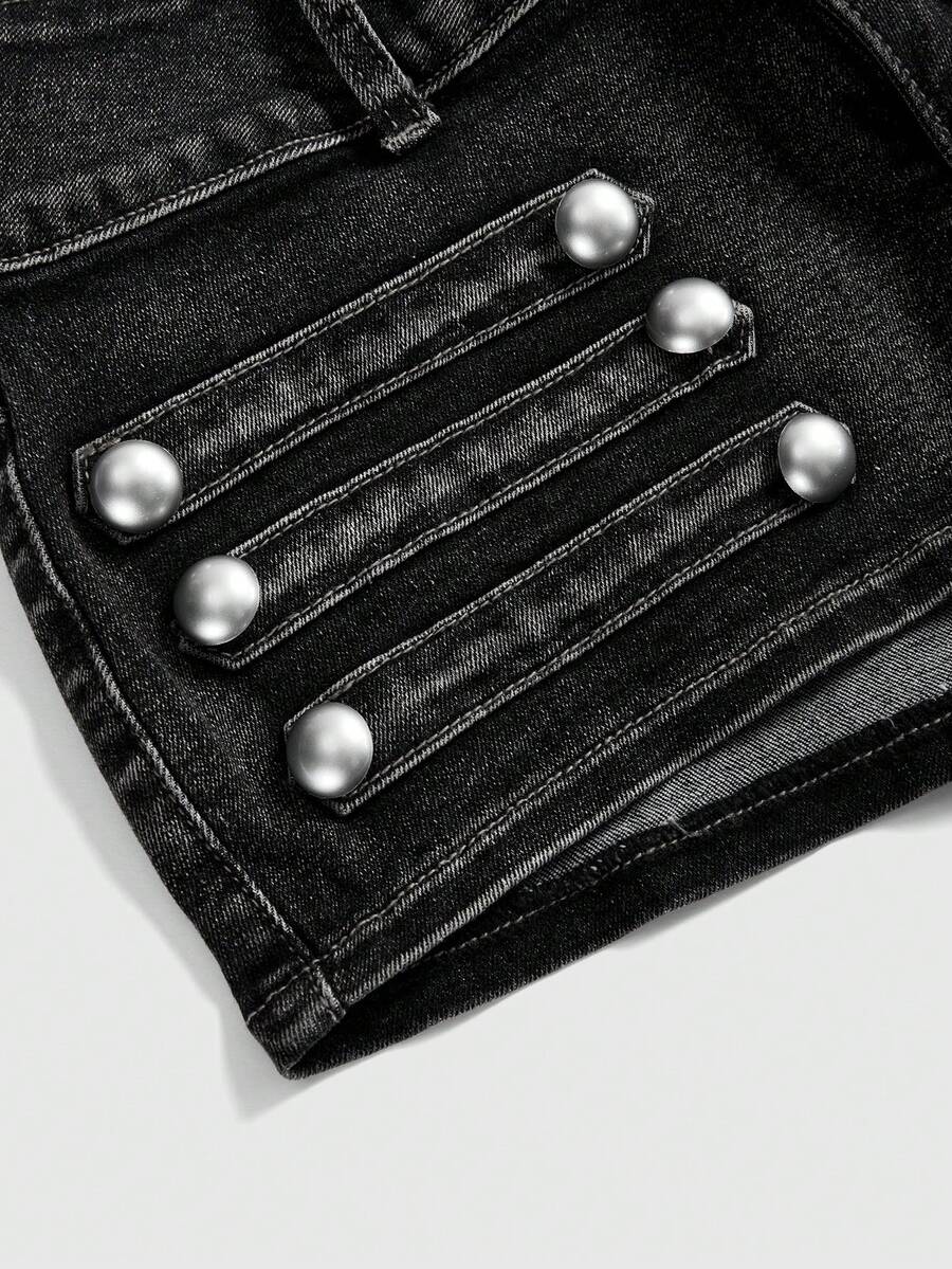 Front view of women's ultra low waist denim mini shorts with double metal button accents and zipper fly