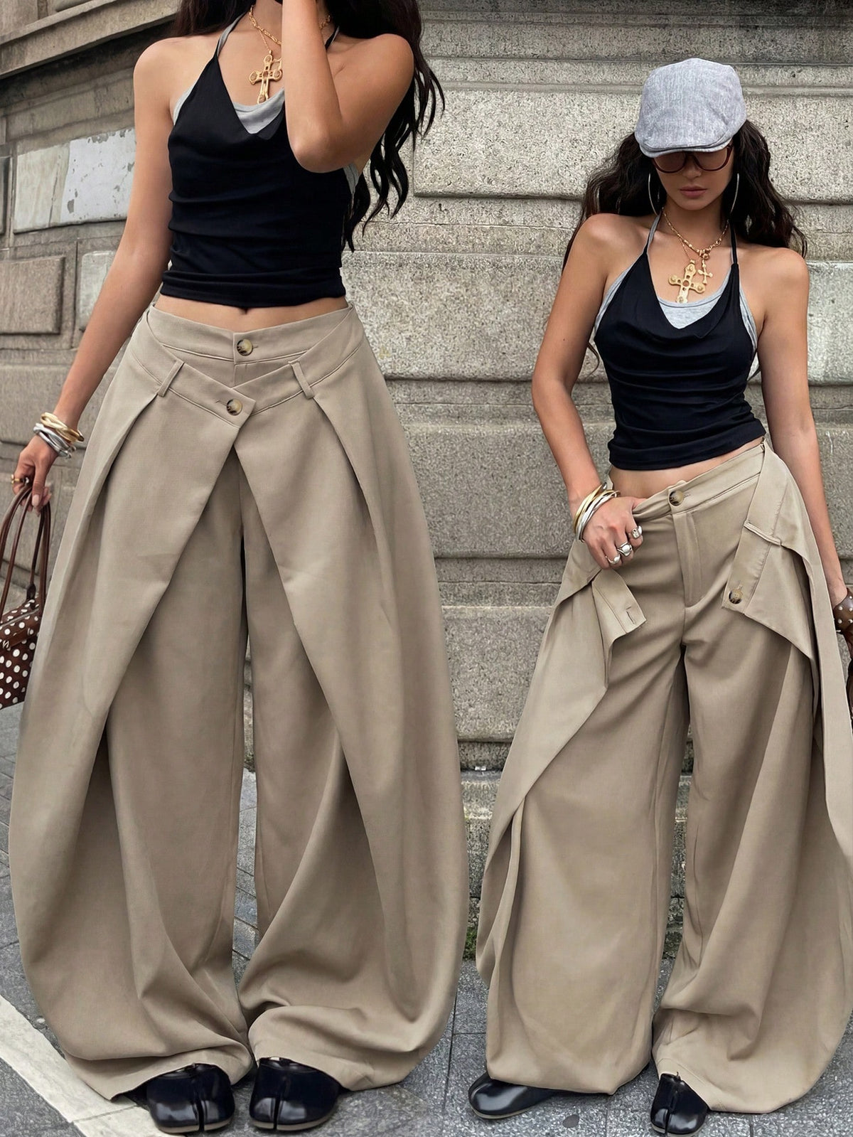 Women's loose fit pleated wide leg pants in royal blue pinstripe woven fabric with zipper fly closure.