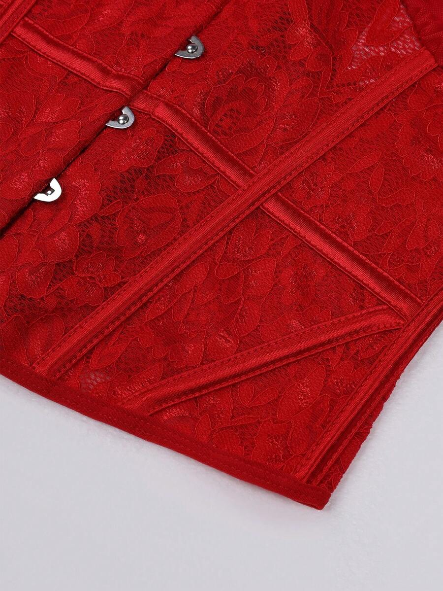 Front view of a vintage lace corset crop top featuring boned structure, square neckline, and lace-up details.