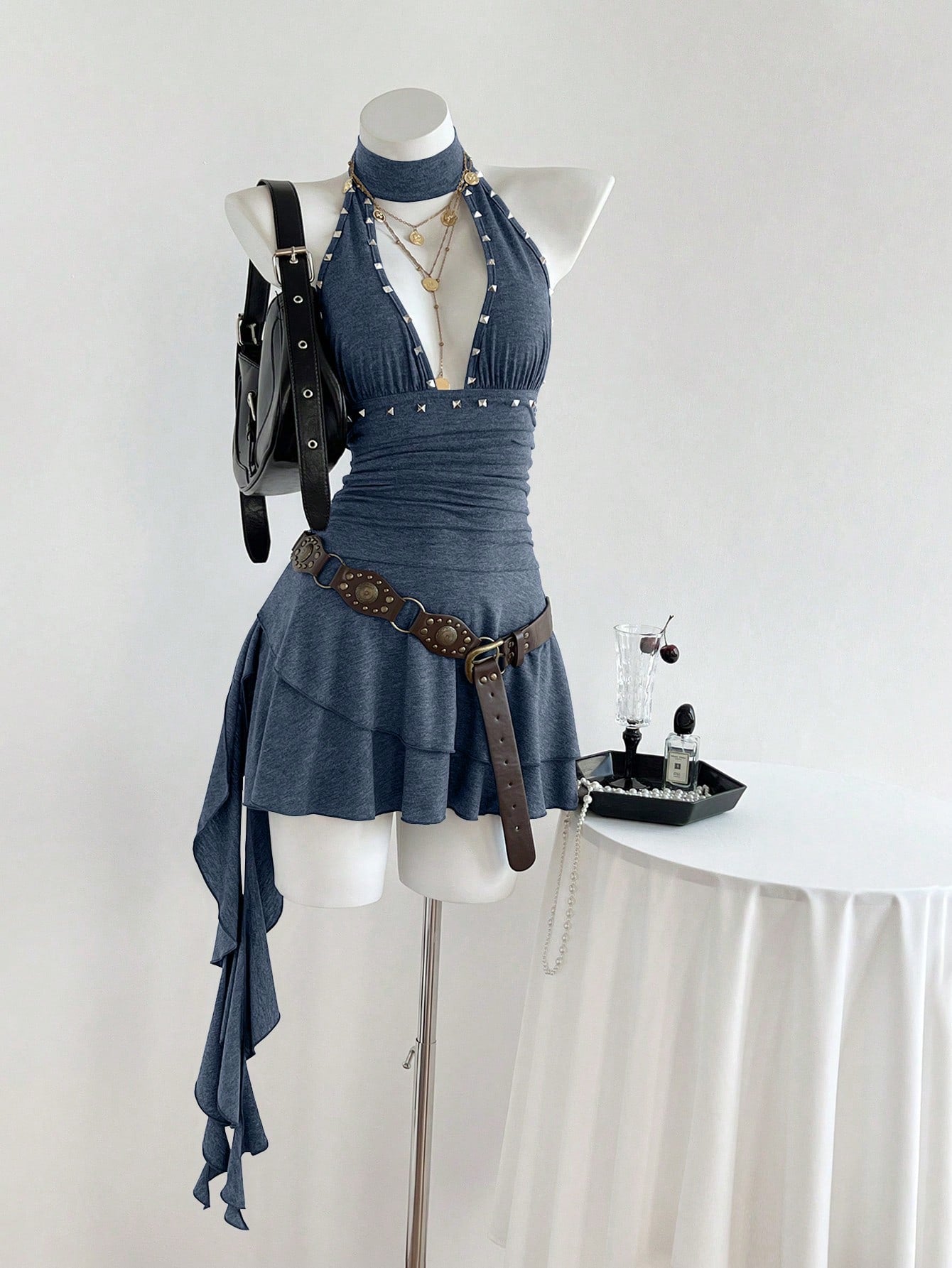 Women's coffee short halter V-neck dress with backless lace-up detail, cinched high waist, and ruffle tiered hem