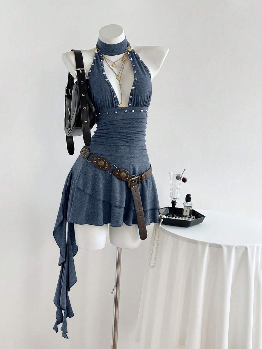 Women's coffee short halter V-neck dress with backless lace-up detail, cinched high waist, and ruffle tiered hem