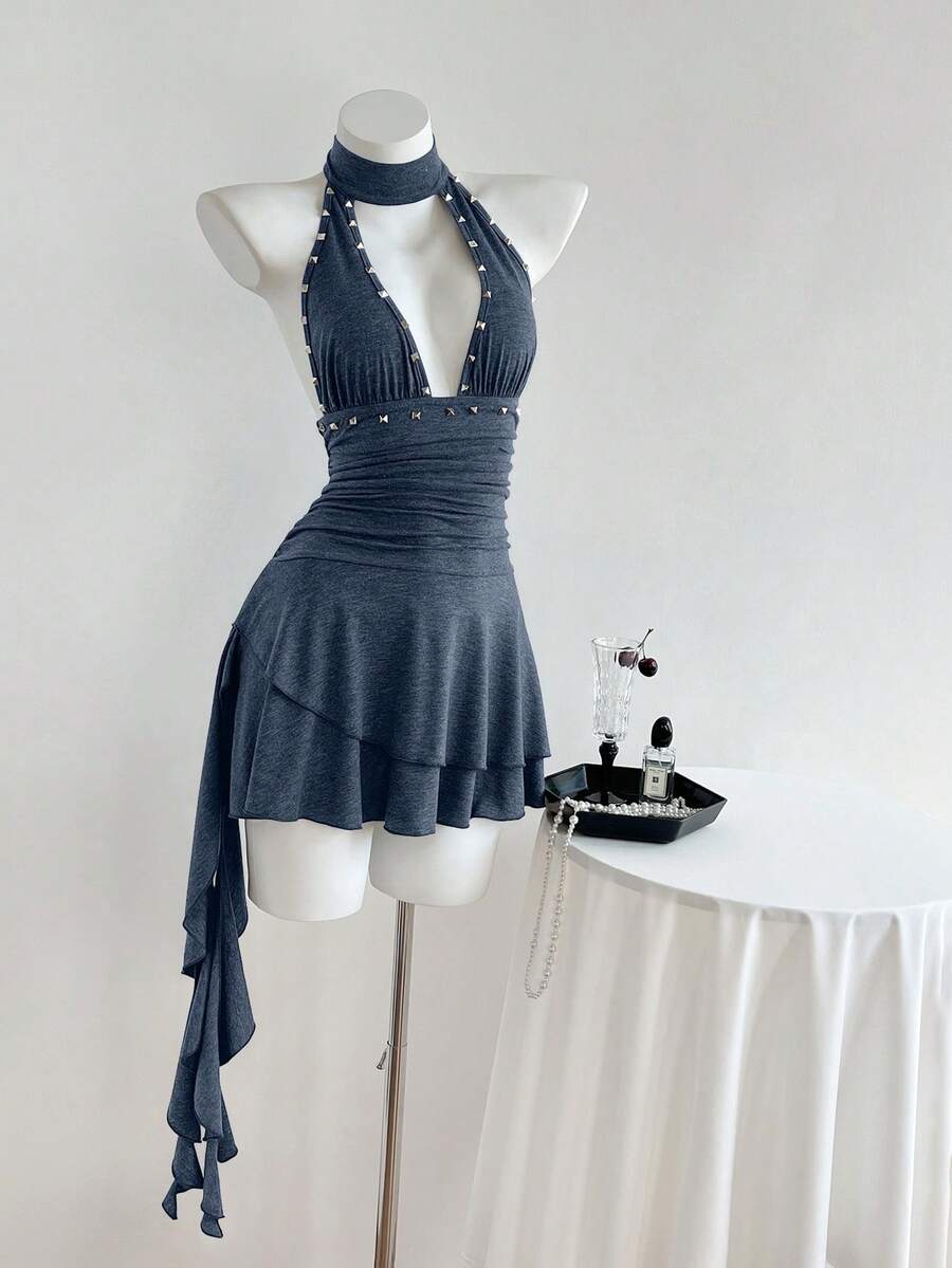 Women's coffee short halter V-neck dress with backless lace-up detail, cinched high waist, and ruffle tiered hem