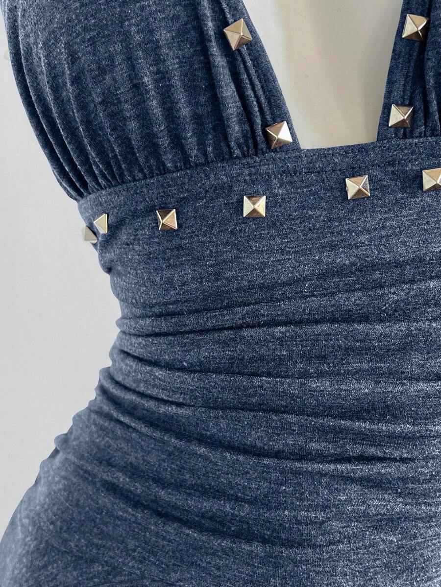 Women's coffee short halter V-neck dress with backless lace-up detail, cinched high waist, and ruffle tiered hem