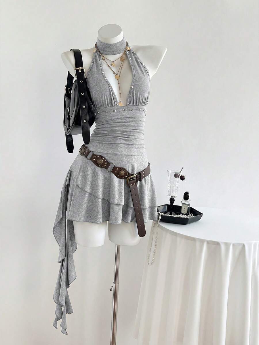 Women's coffee short halter V-neck dress with backless lace-up detail, cinched high waist, and ruffle tiered hem
