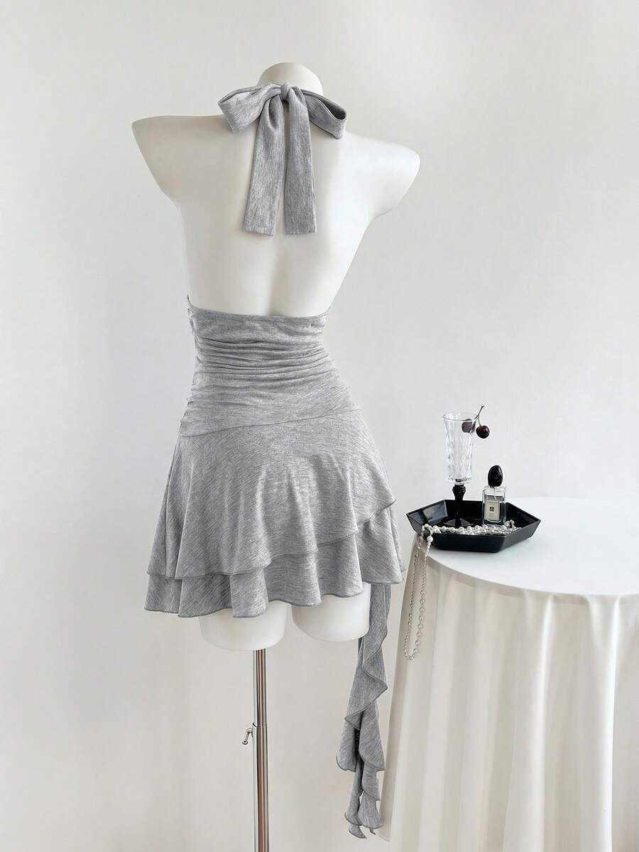 Women's coffee short halter V-neck dress with backless lace-up detail, cinched high waist, and ruffle tiered hem
