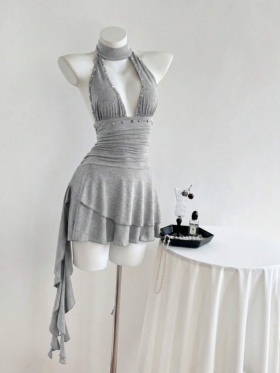 Women's coffee short halter V-neck dress with backless lace-up detail, cinched high waist, and ruffle tiered hem