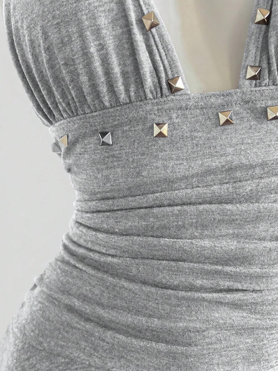 Women's coffee short halter V-neck dress with backless lace-up detail, cinched high waist, and ruffle tiered hem