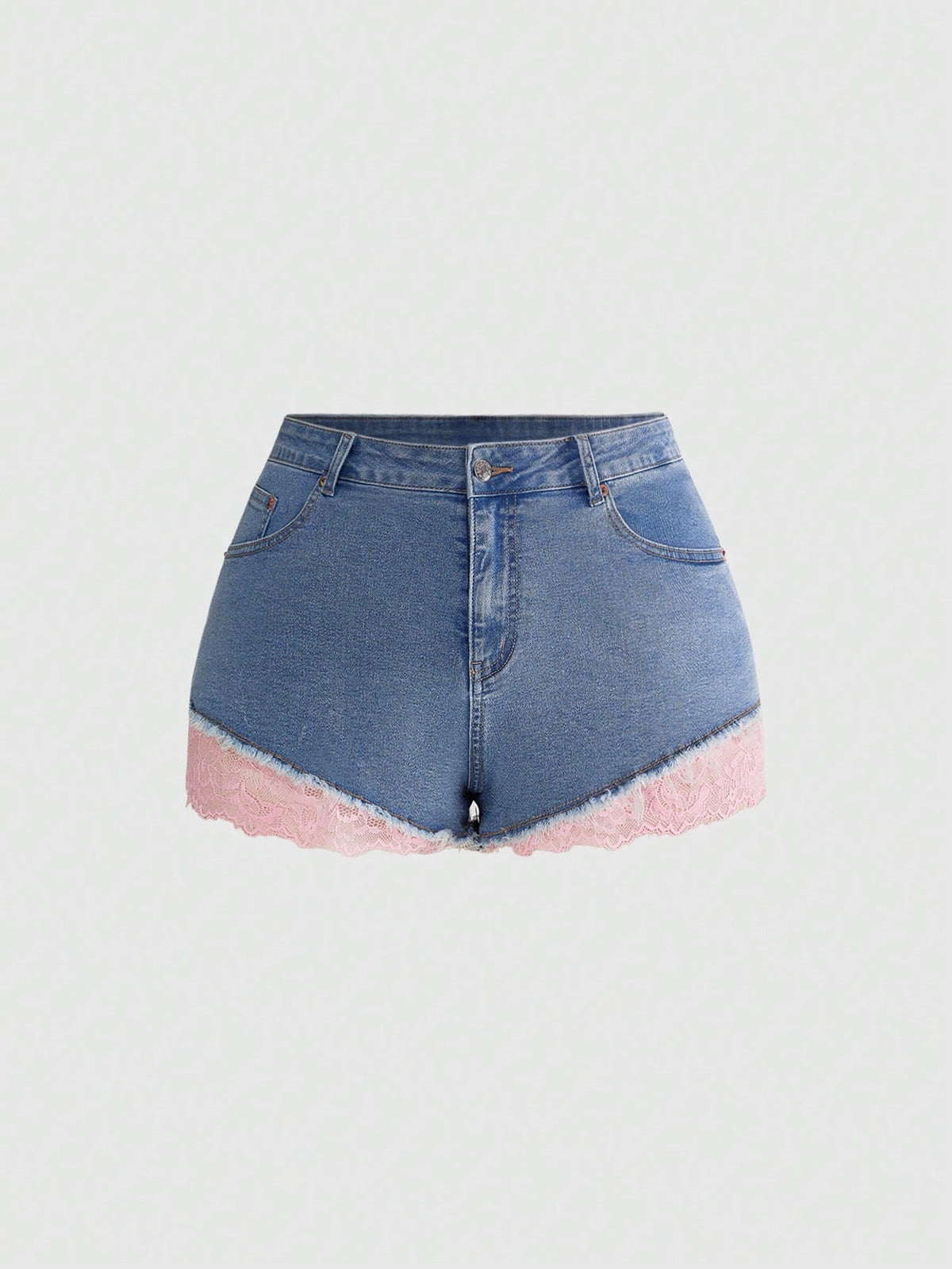 Front view of women's plus size skinny denim shorts featuring lace patchwork detailing, mid-rise waist, button zipper closure, and classic pockets.