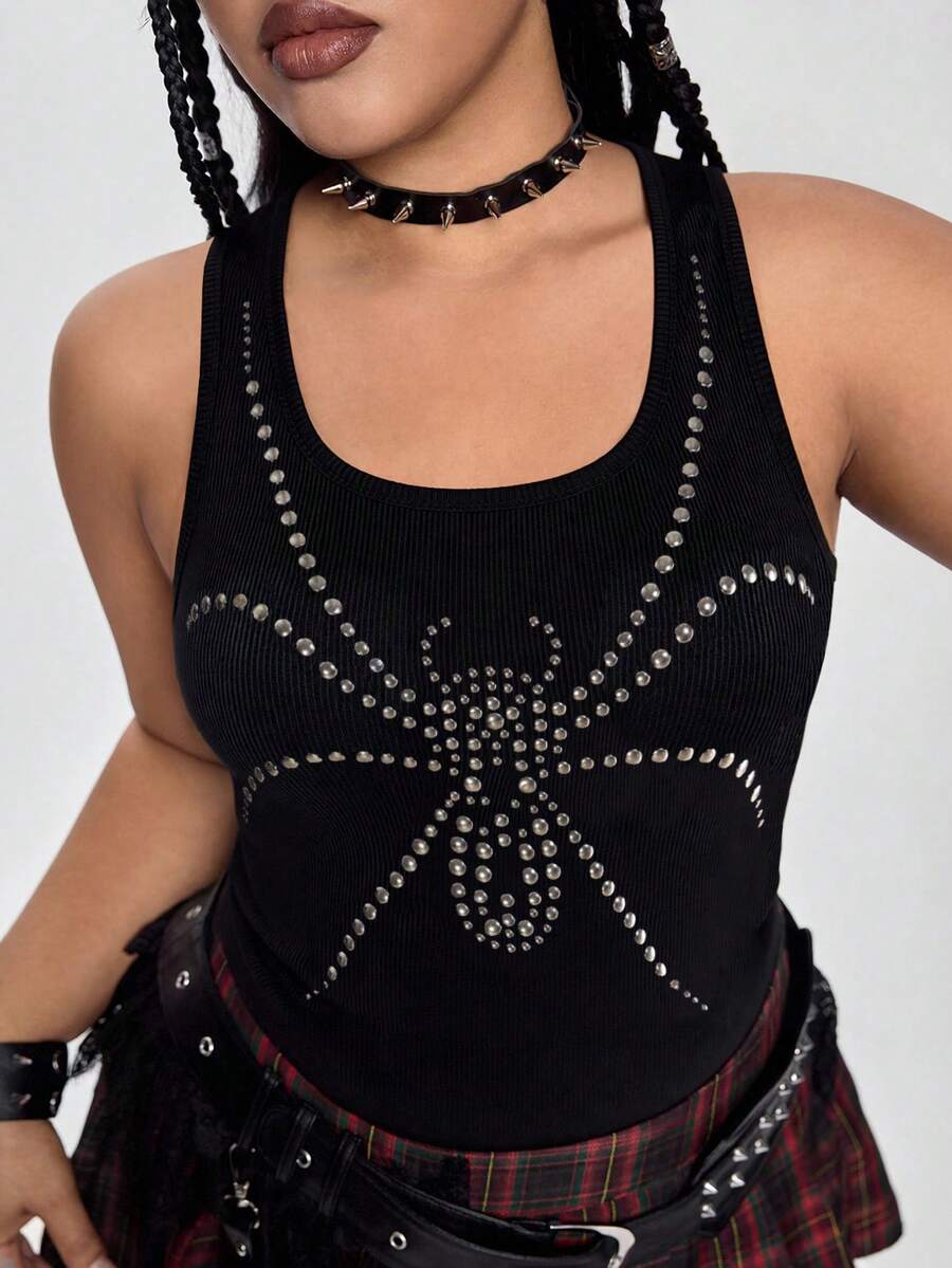 Black scoop neck slim fit tank top with exaggerated spider rhinestone detailing.