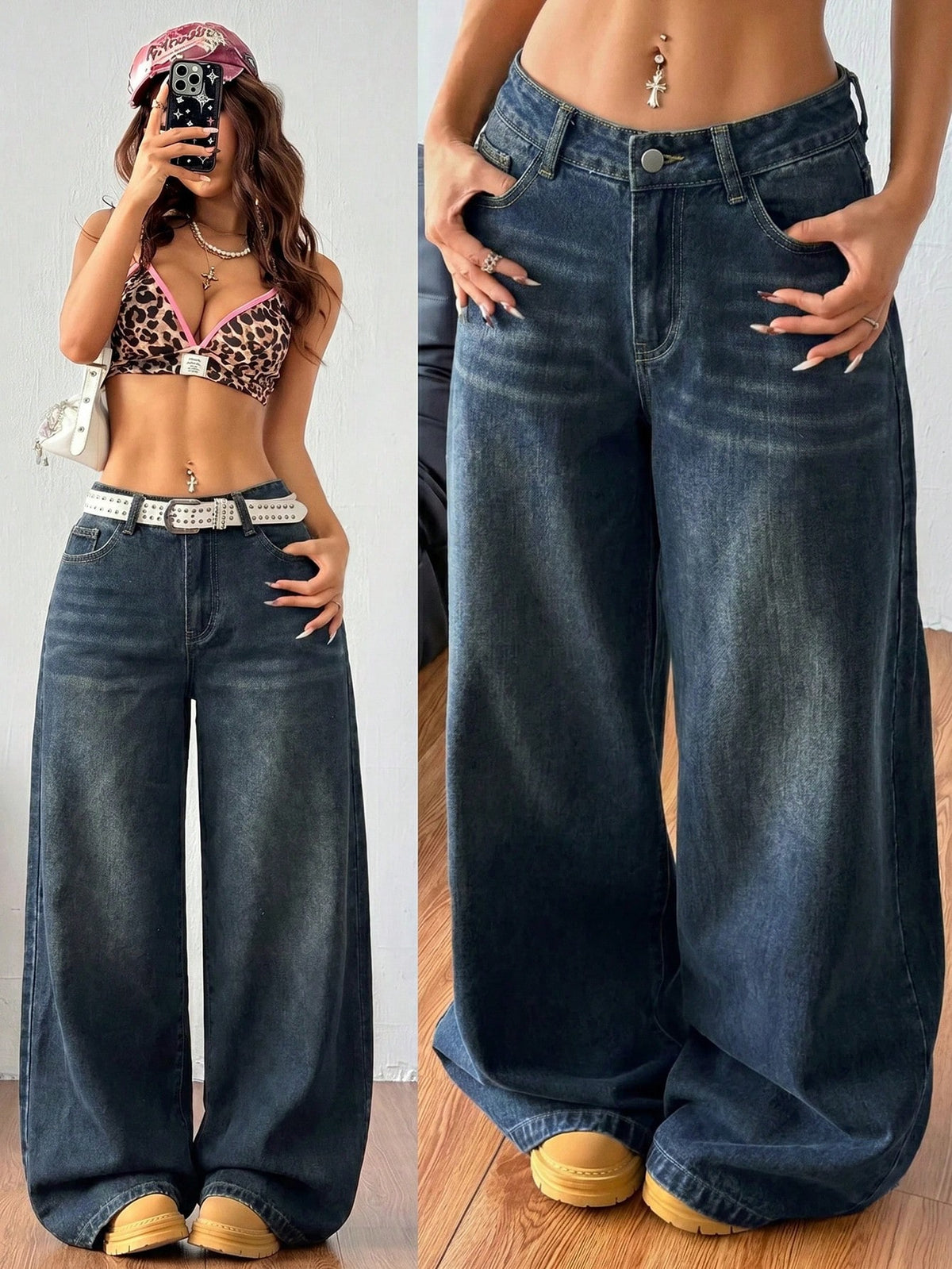 Women's relaxed fit wide leg denim jeans with pockets and a zipper fly.