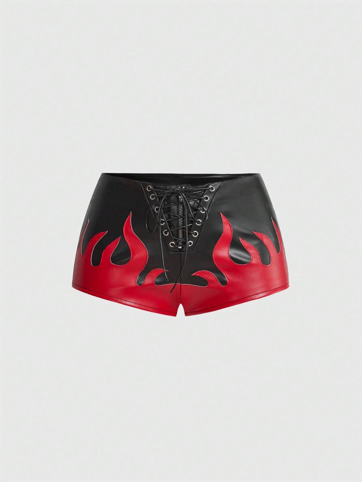 Punk ultra low waist skinny PU mini shorts with flame embroidery, rhinestone details, zipper fly closure, and a graphic Halloween-inspired festival style.