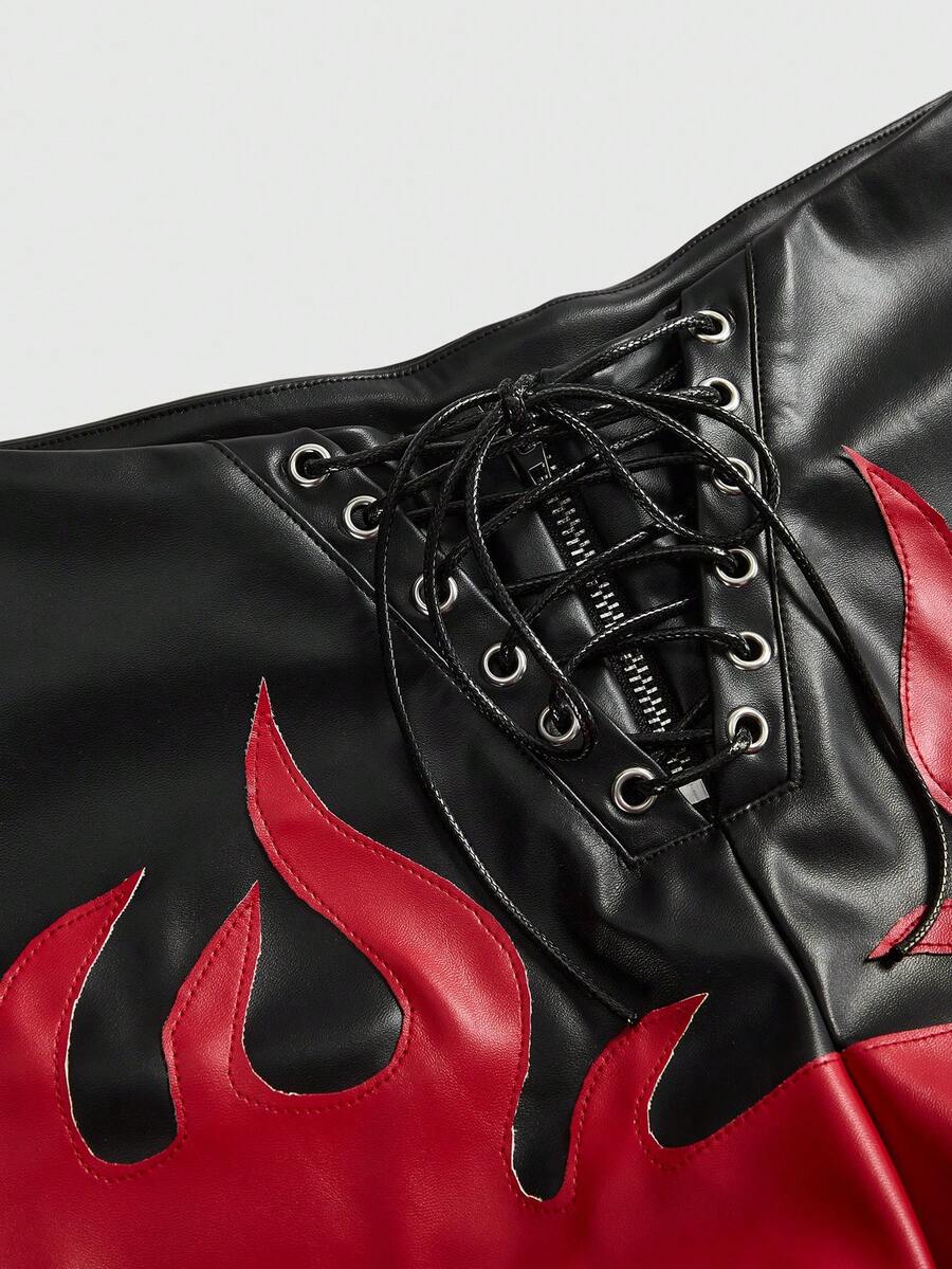 Punk ultra low waist skinny PU mini shorts with flame embroidery, rhinestone details, zipper fly closure, and a graphic Halloween-inspired festival style.