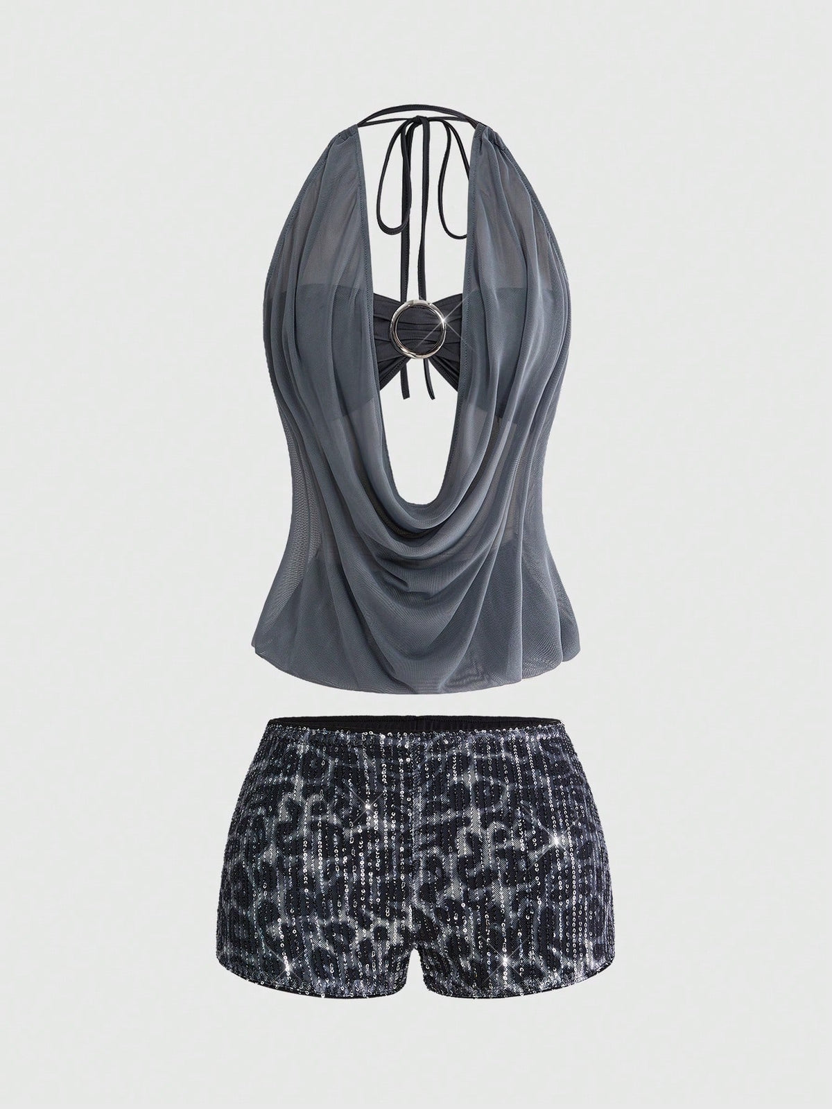 Women's two-piece outfit with a sleeveless halter cowl neck backless crop camisole, tie-back detail, bandeau inner, and leopard print shorts.
