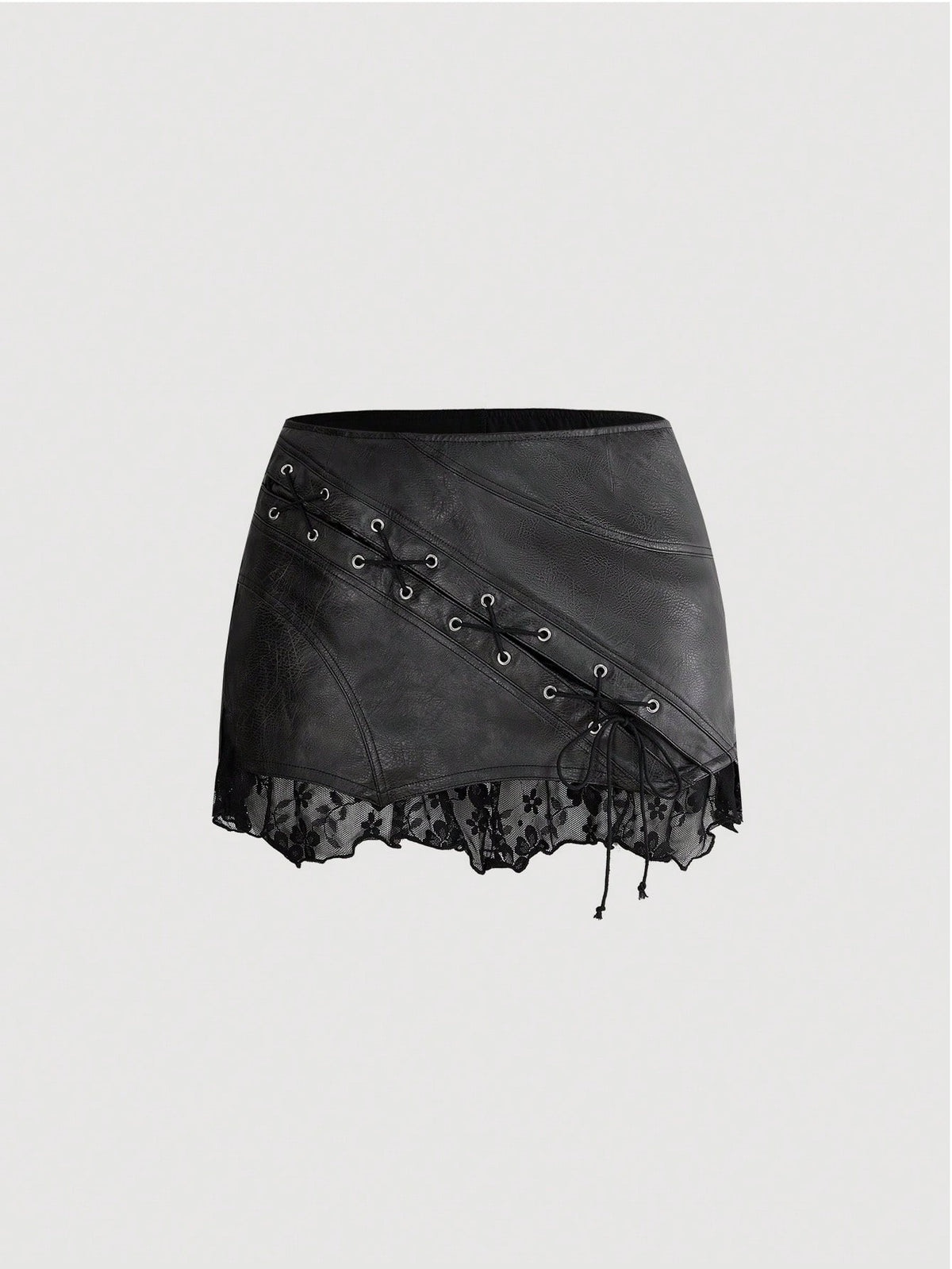 Women's washed PU leather mini skirt with contrast lace trim, wrap knot tie detail, and asymmetrical hem.