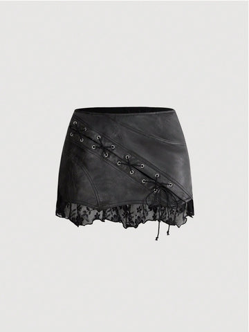 Women's washed PU leather mini skirt with contrast lace trim, wrap knot tie detail, and asymmetrical hem.