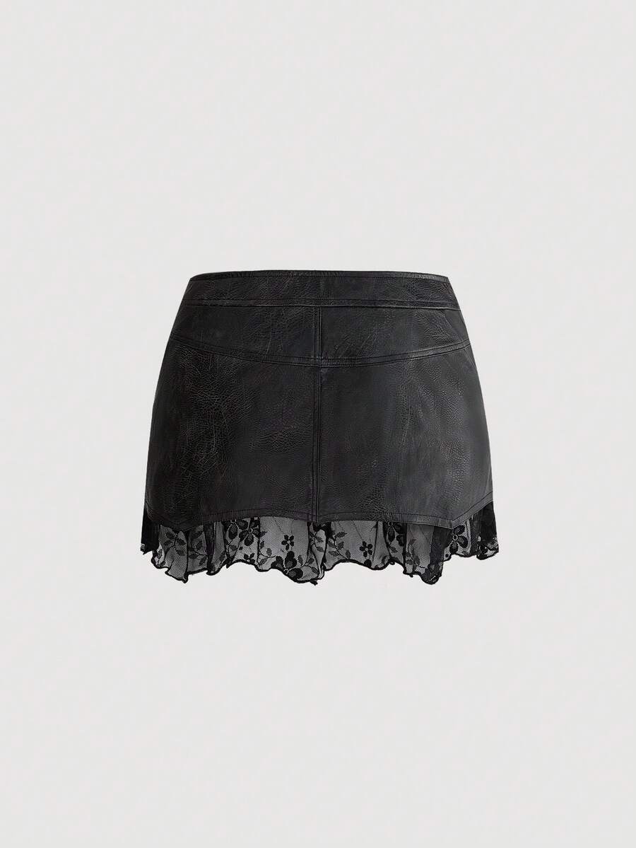 Women's washed PU leather mini skirt with contrast lace trim, wrap knot tie detail, and asymmetrical hem.