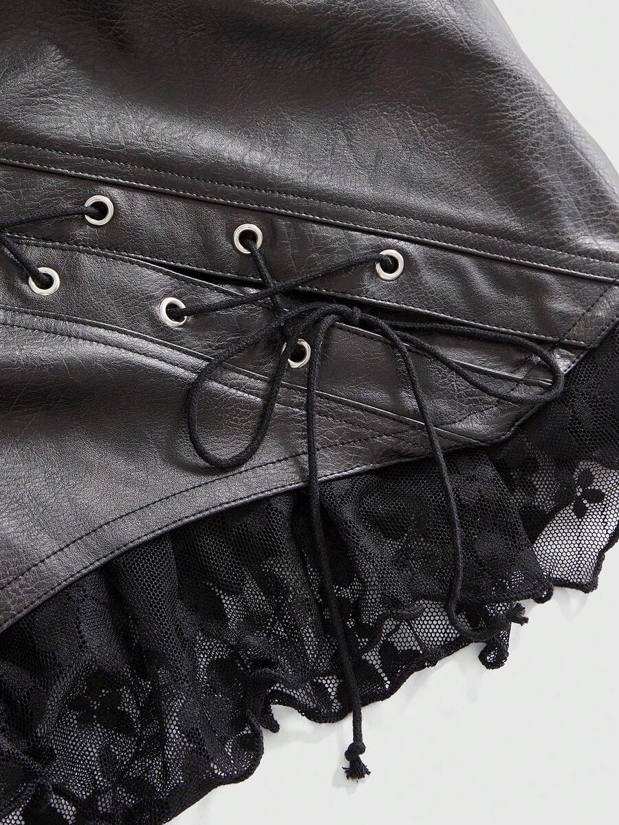 Women's washed PU leather mini skirt with contrast lace trim, wrap knot tie detail, and asymmetrical hem.