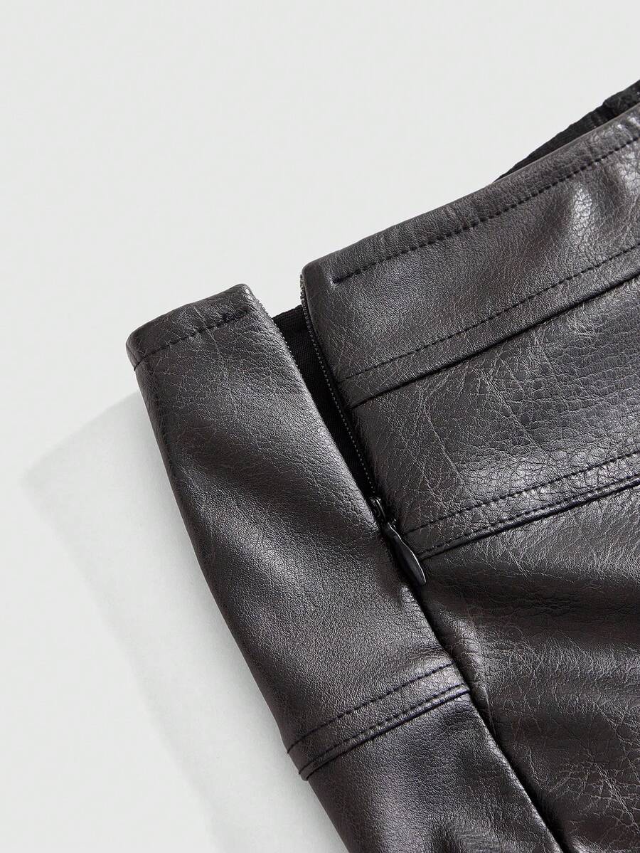 Women's washed PU leather mini skirt with contrast lace trim, wrap knot tie detail, and asymmetrical hem.