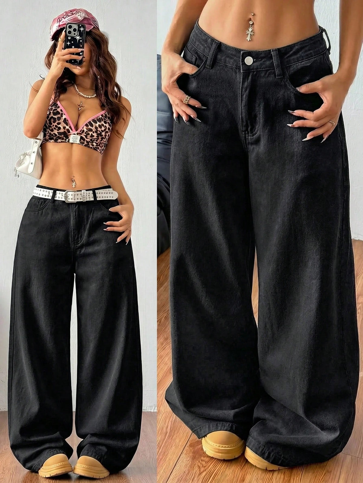Women's casual loose fit wide leg denim jeans with functional pockets and low waist design.