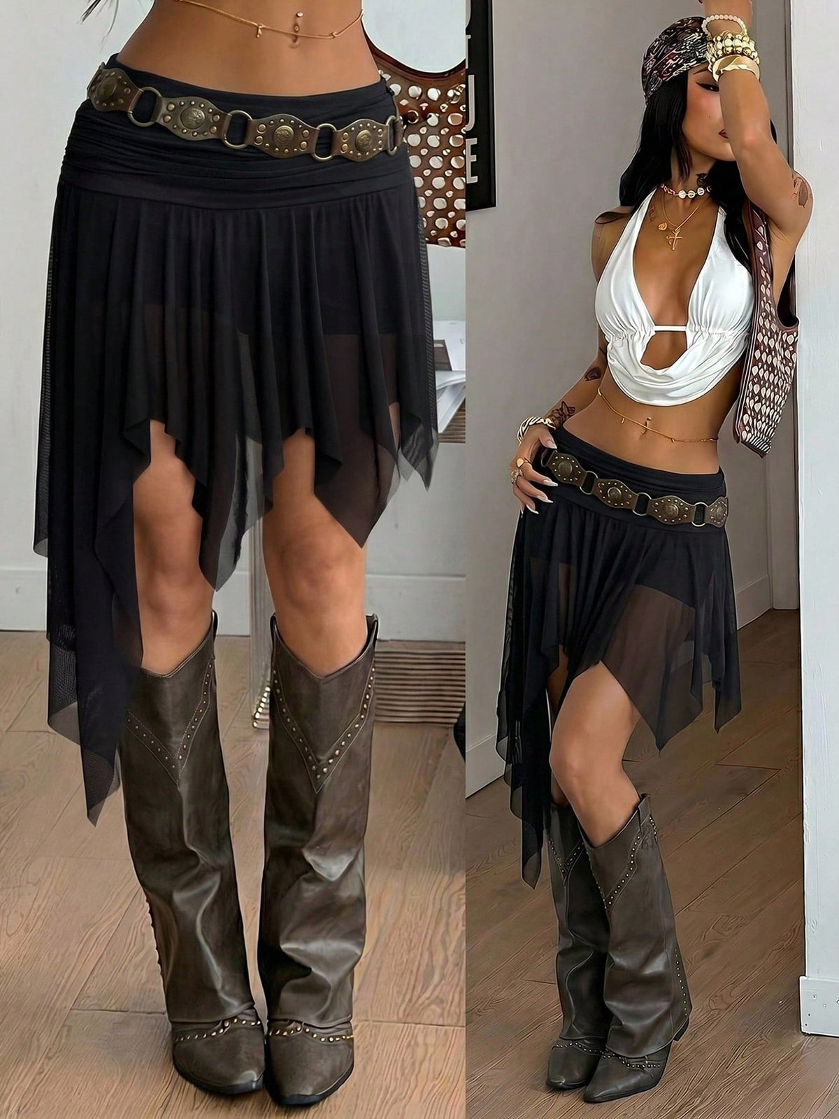 Women's floral lace mini skirt in white with asymmetrical ruffle trim and low waist design.