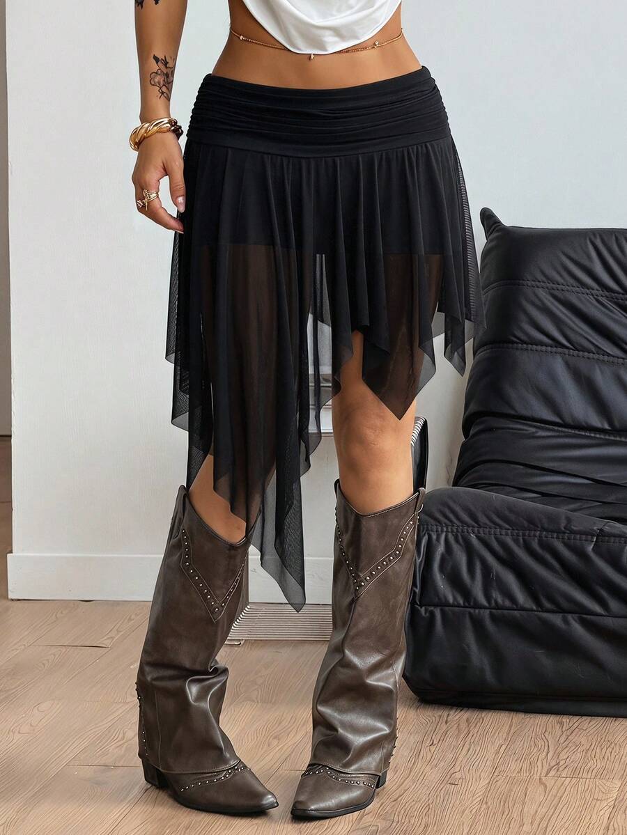 Women's floral lace mini skirt in white with asymmetrical ruffle trim and low waist design.