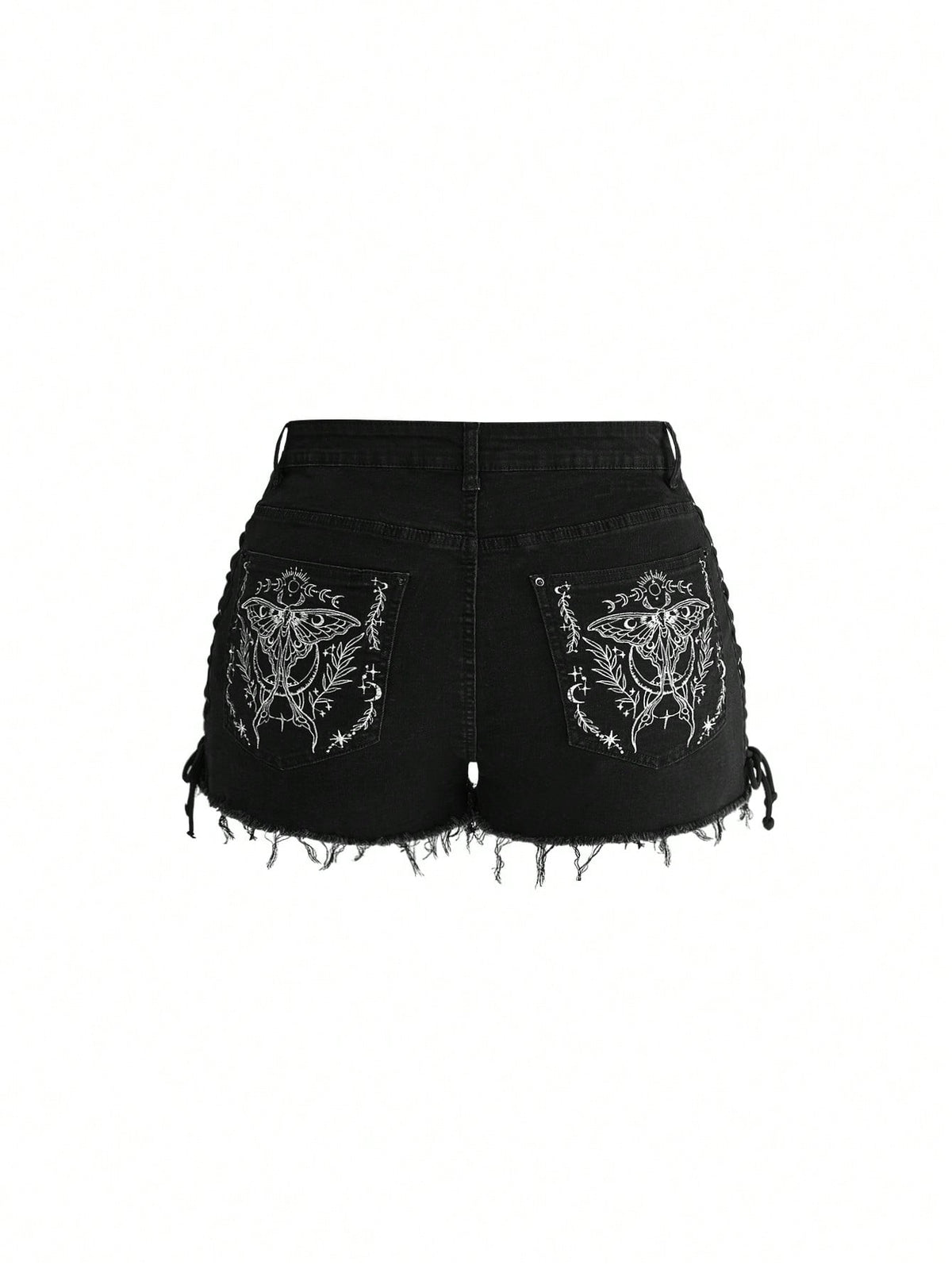 Plus size black gothic mini shorts with heart embroidery, graphic pocket pattern, lace-up detail, raw hem, and zipper fly