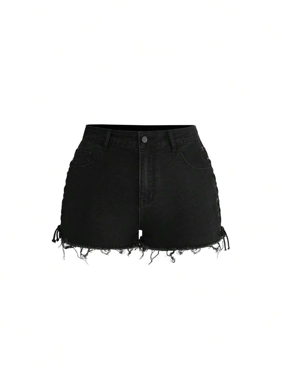 Plus size black gothic mini shorts with heart embroidery, graphic pocket pattern, lace-up detail, raw hem, and zipper fly