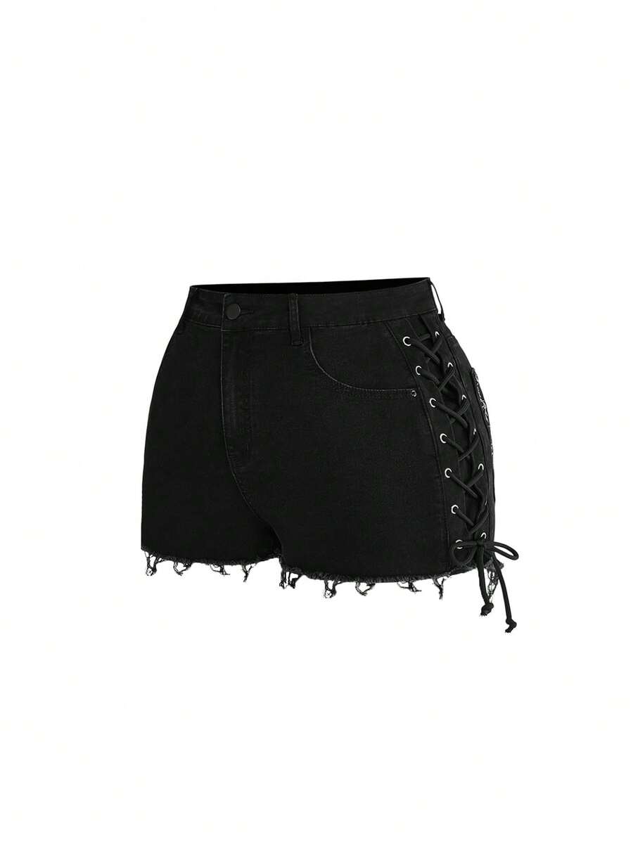 Plus size black gothic mini shorts with heart embroidery, graphic pocket pattern, lace-up detail, raw hem, and zipper fly