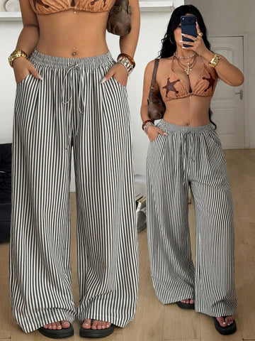 Women's black and white striped straight leg casual pants with drawstring waist