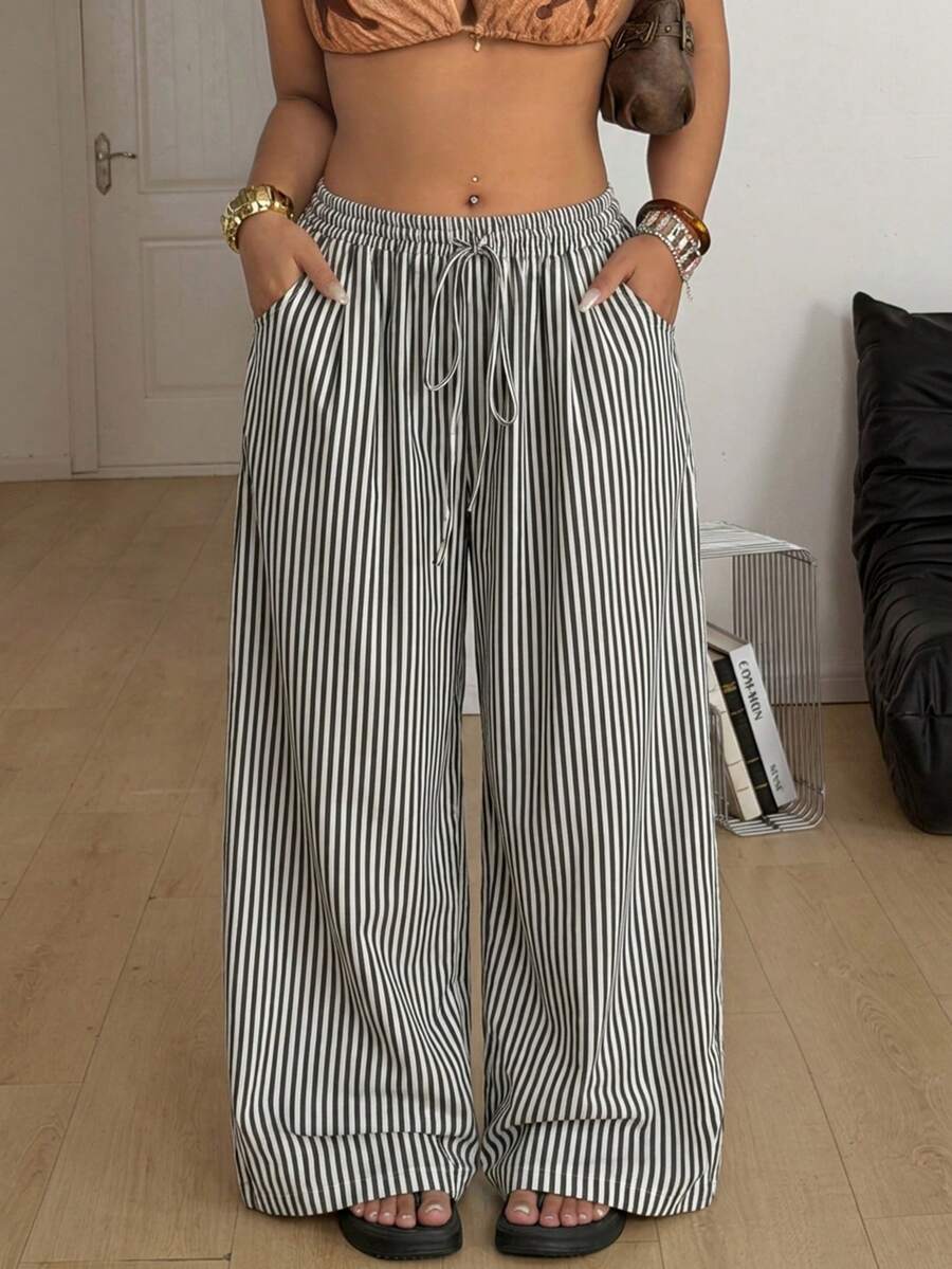 Women's black and white striped straight leg casual pants with drawstring waist