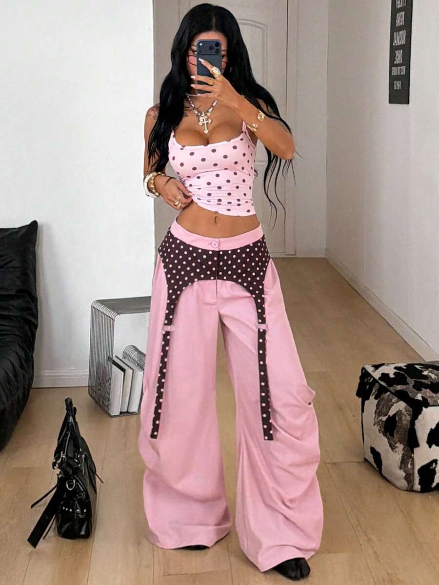 Women's brown baggy parachute pants with polka dot graphic print, low waist, and loose streetwear fit