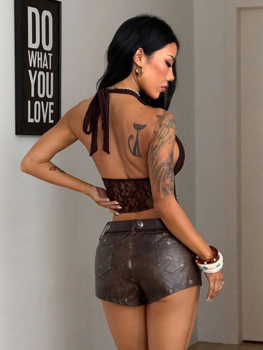 Women's slim-fit halter bandeau top featuring lace detail, cold shoulder design, and an asymmetrical hem.