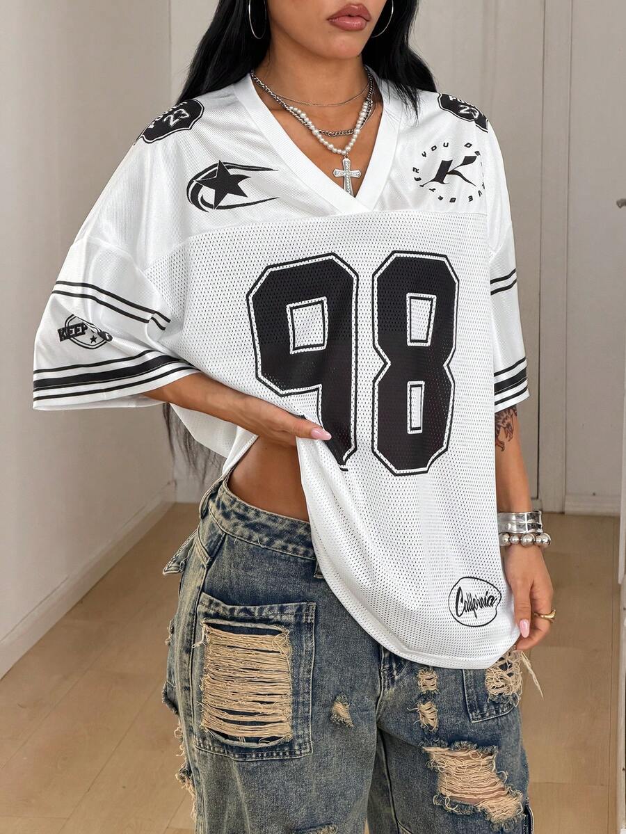 Women's oversized mesh jersey t-shirt with sporty number print, short drop-shoulder sleeves, and V-neckline.