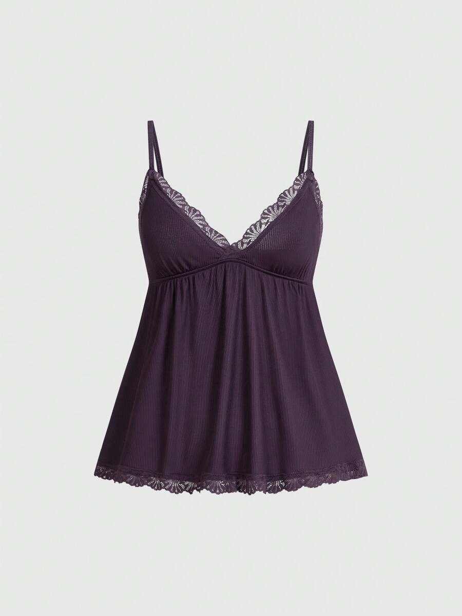 Ribbed lace camisole and shorts pajama set with spaghetti straps, bow detail, and contrast lace trim