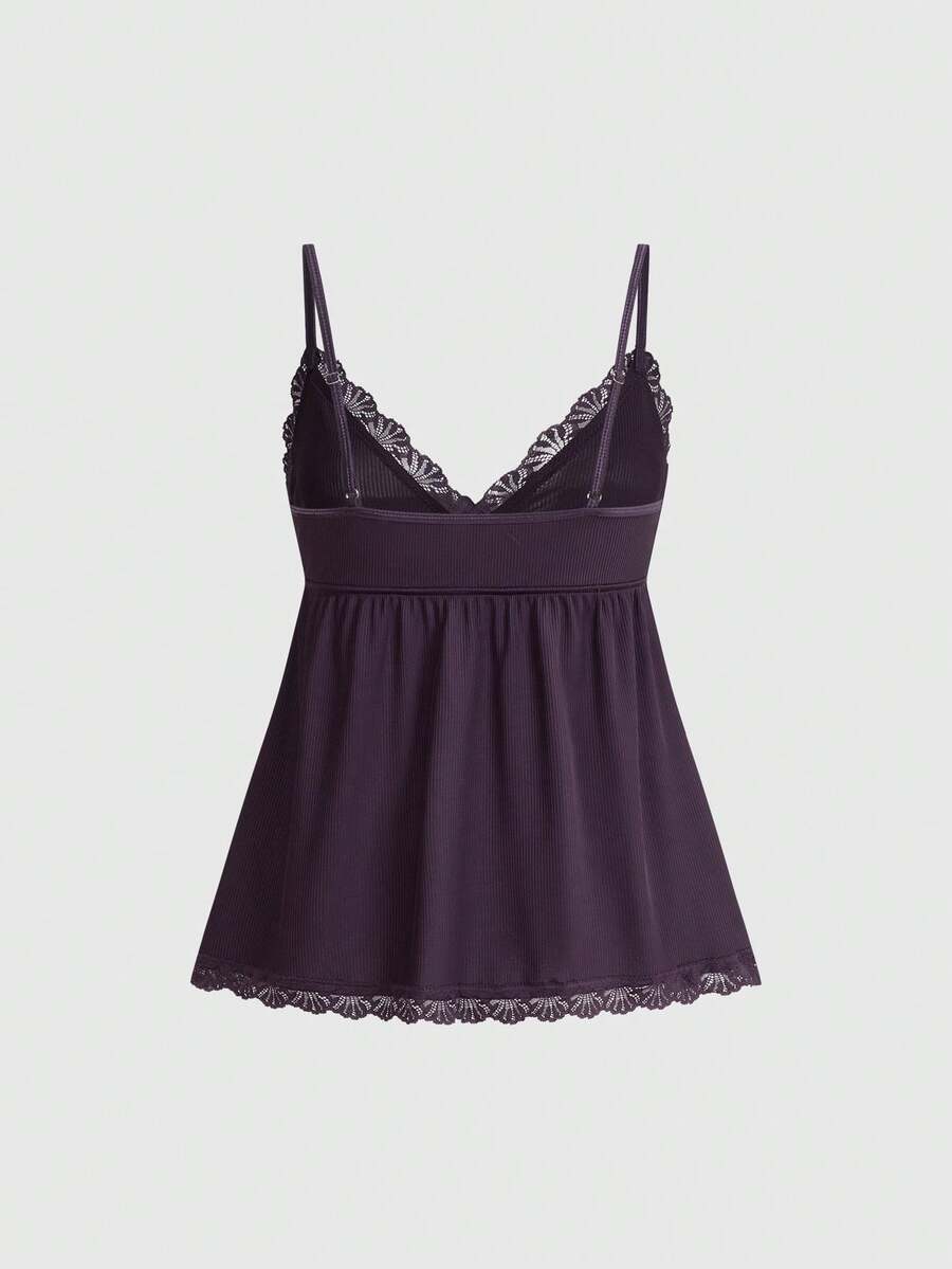 Ribbed lace camisole and shorts pajama set with spaghetti straps, bow detail, and contrast lace trim