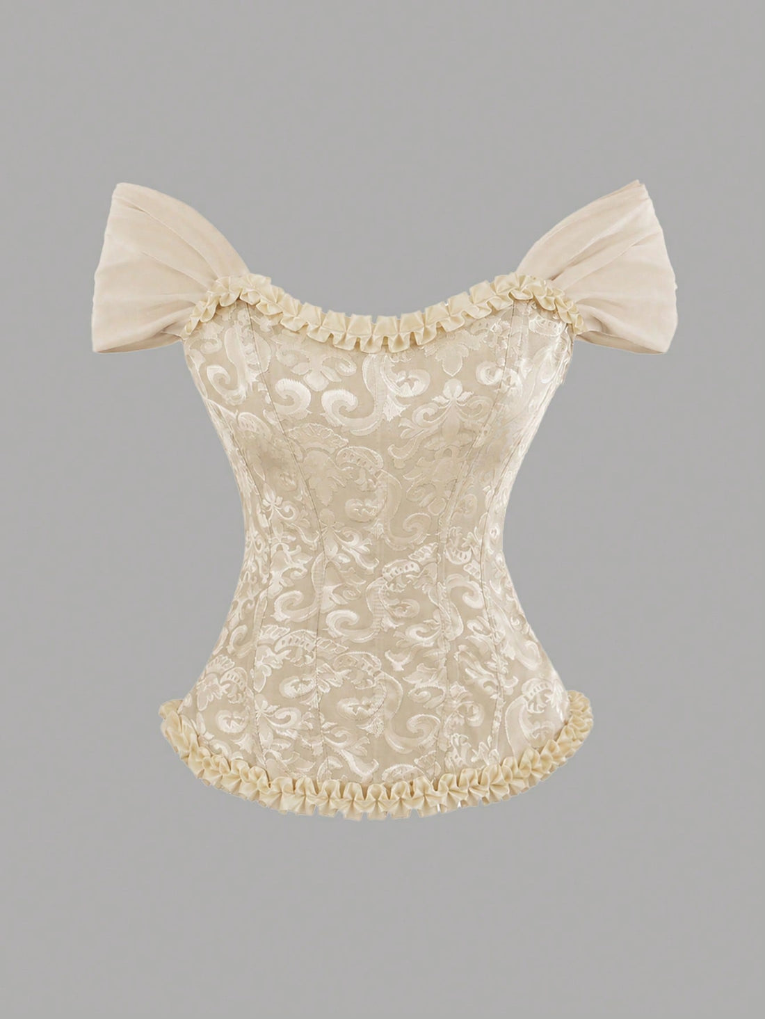 Women's elegant off-the-shoulder sleeveless camisole top featuring frill trim, lace-up front, and asymmetrical hem design.