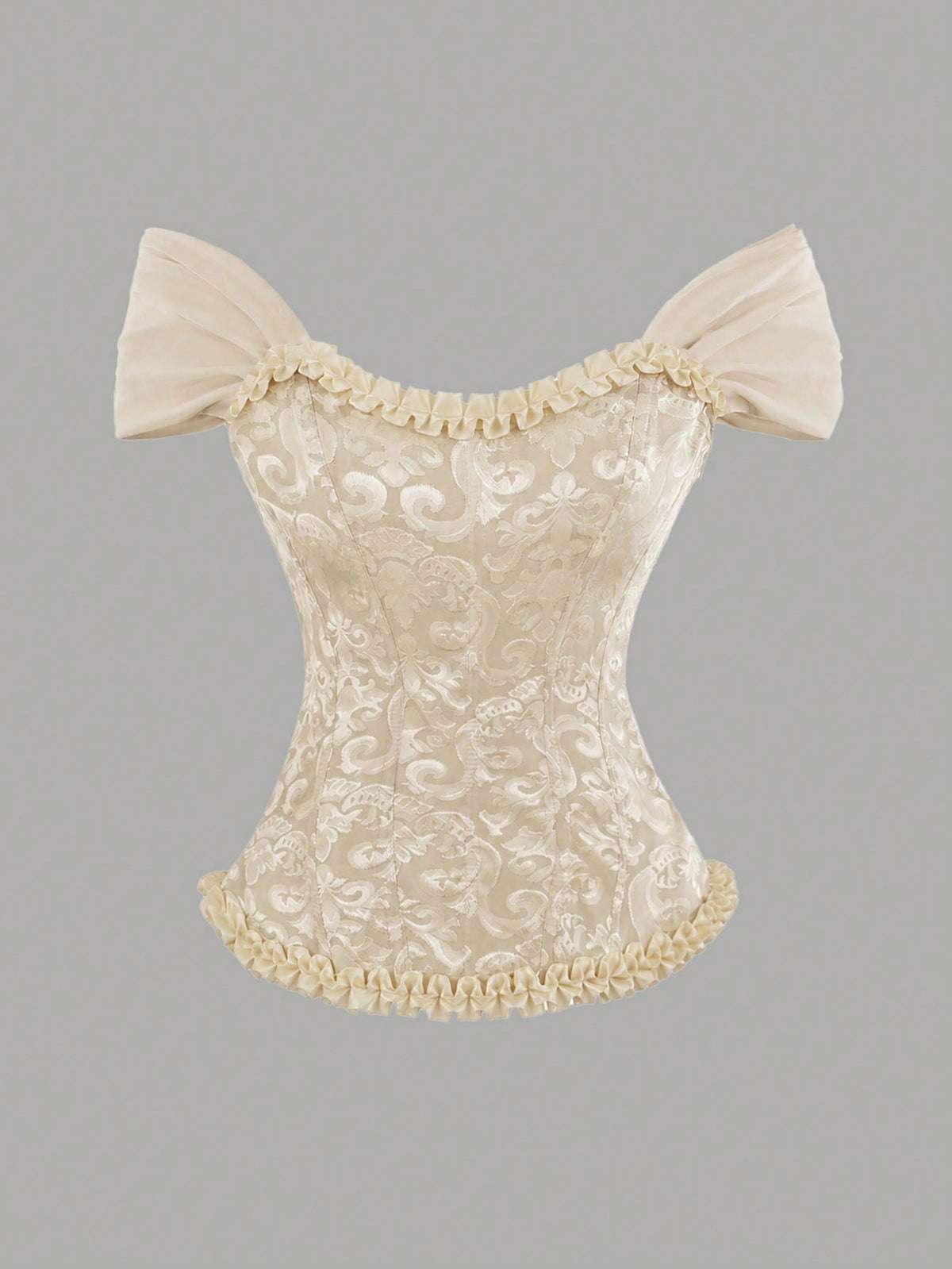 Women's elegant off-the-shoulder sleeveless camisole top featuring frill trim, lace-up front, and asymmetrical hem design.
