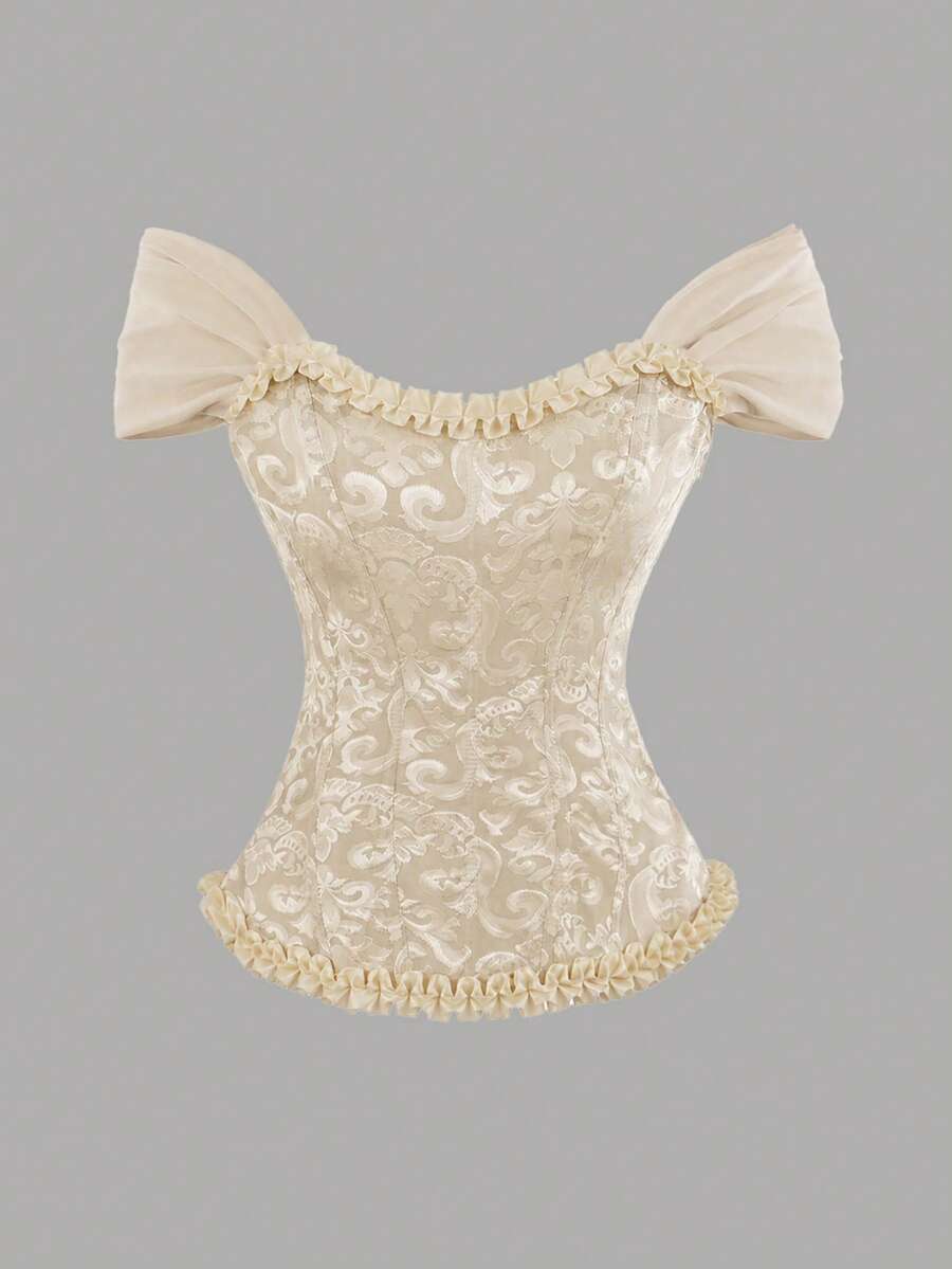 Women's elegant off-the-shoulder sleeveless camisole top featuring frill trim, lace-up front, and asymmetrical hem design.