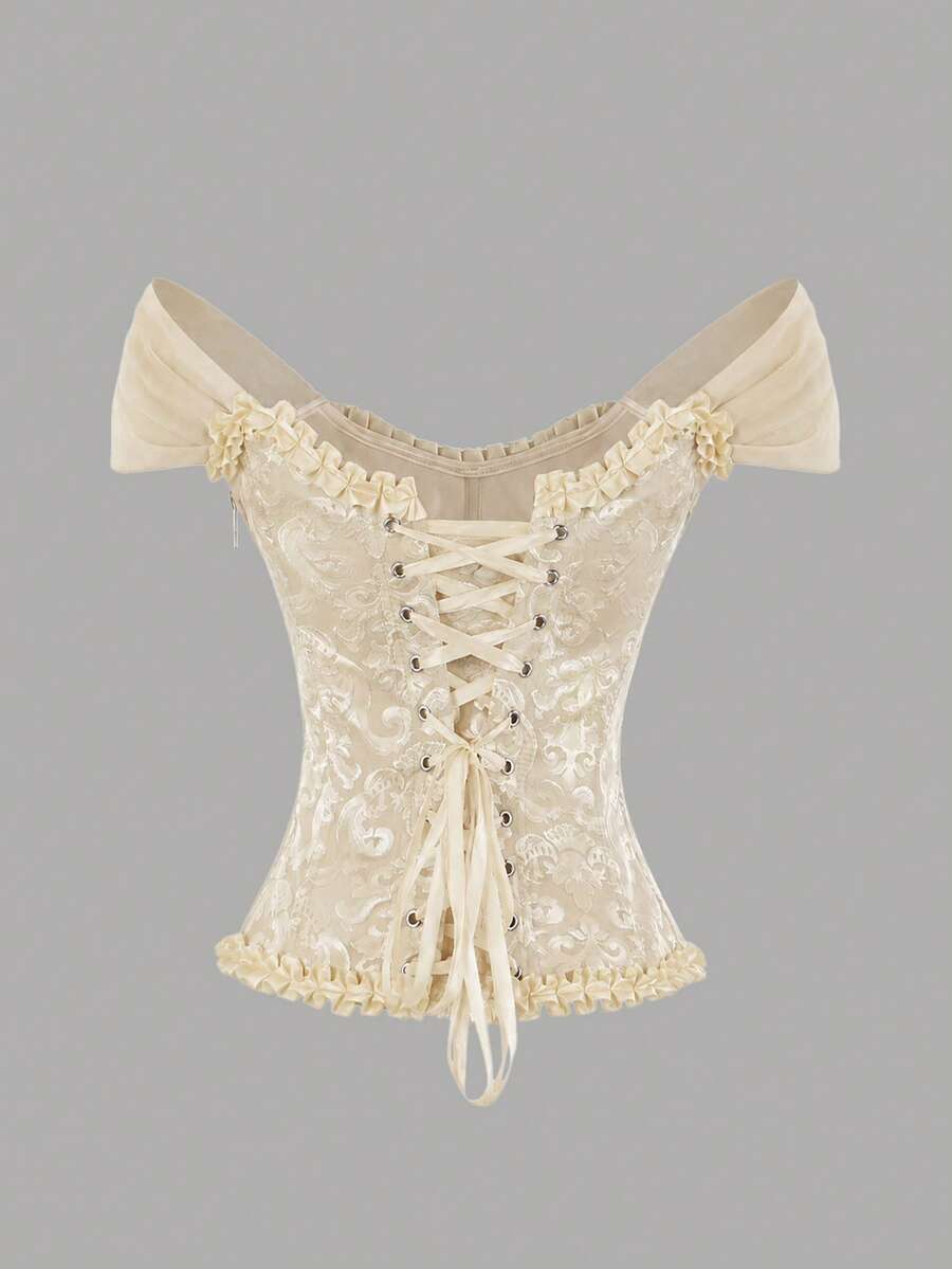 Women's elegant off-the-shoulder sleeveless camisole top featuring frill trim, lace-up front, and asymmetrical hem design.