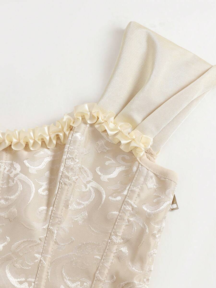 Women's elegant off-the-shoulder sleeveless camisole top featuring frill trim, lace-up front, and asymmetrical hem design.